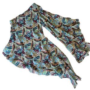 Moda International One Sleeve Top Tunnic 100% Silk Asymmetric Size Medium Y2k‎